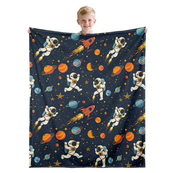 Space Astronaut Flannel Blanket, Cute Cozy Cartoon Ship Blanket Throw for Kids Boys Teenage, Space Stars Throw Blanket Warm for All Seasons-50"x60"