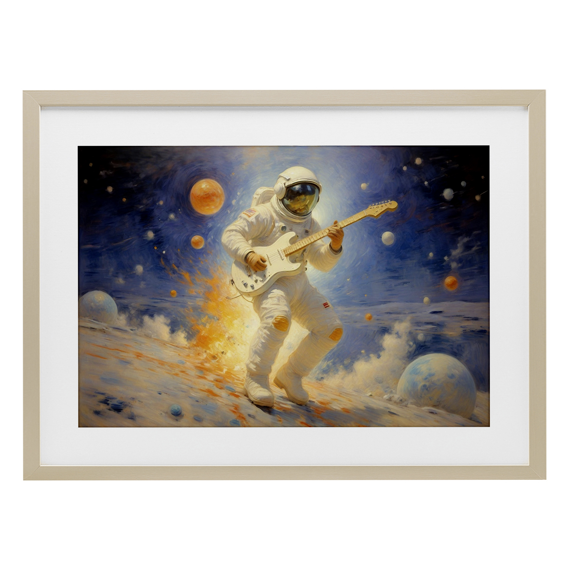 Space Astronaut Musician Birch Framed Print Under Glass, design by Angie Hawke