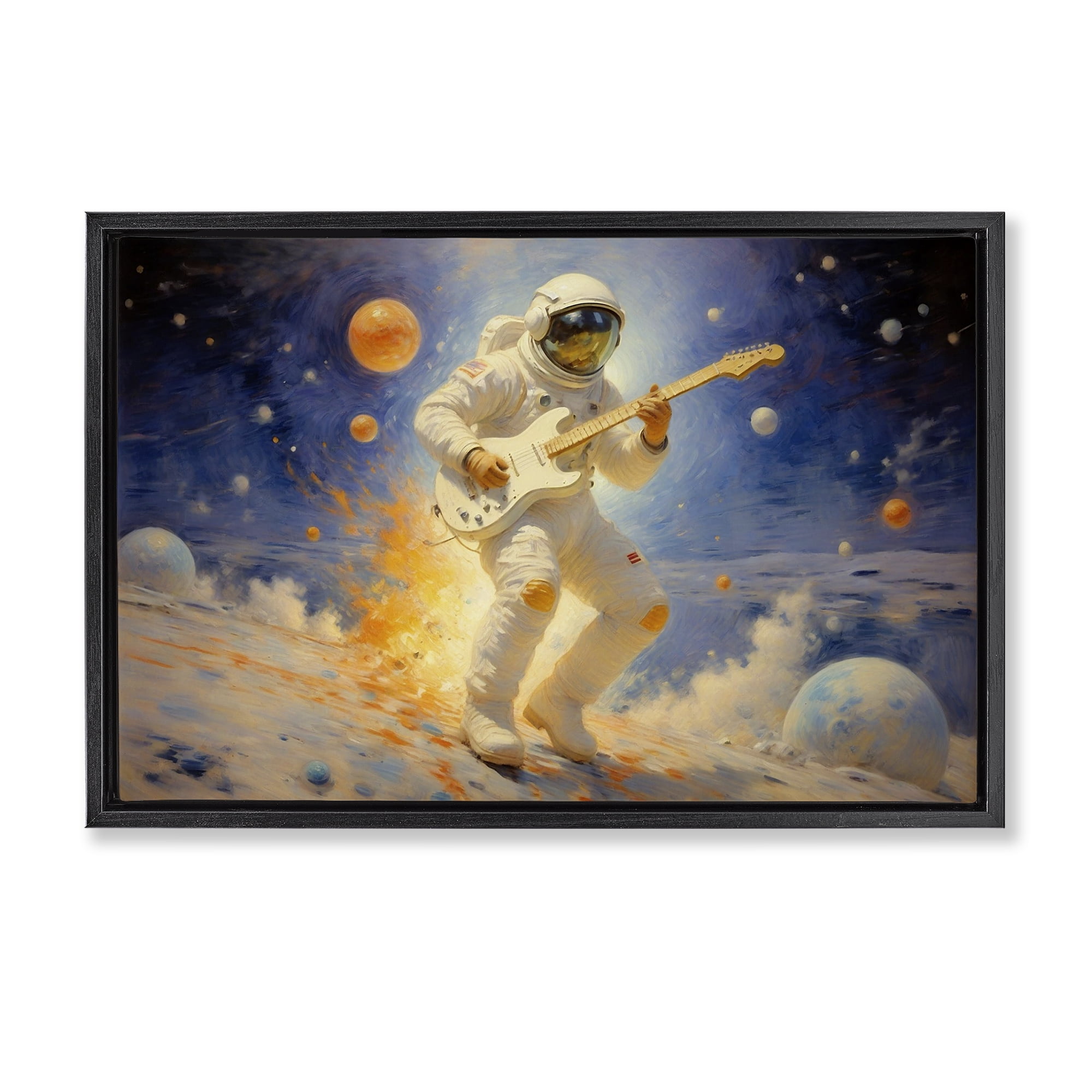 Space Astronaut Musician Black Framed Floater Canvas Wall Art, design by Angie Hawke