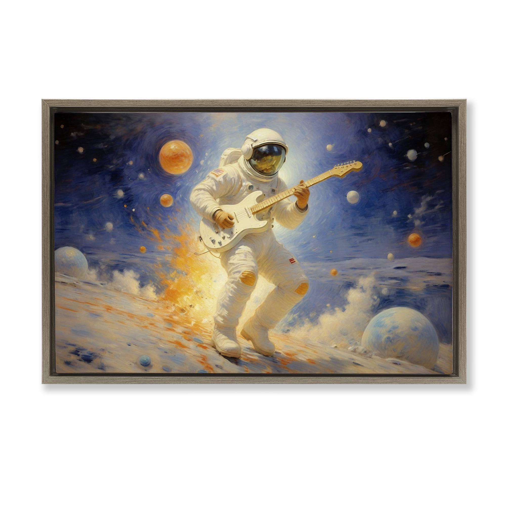 Space Astronaut Musician Brown Framed Floater Canvas Wall Art, design by Angie Hawke
