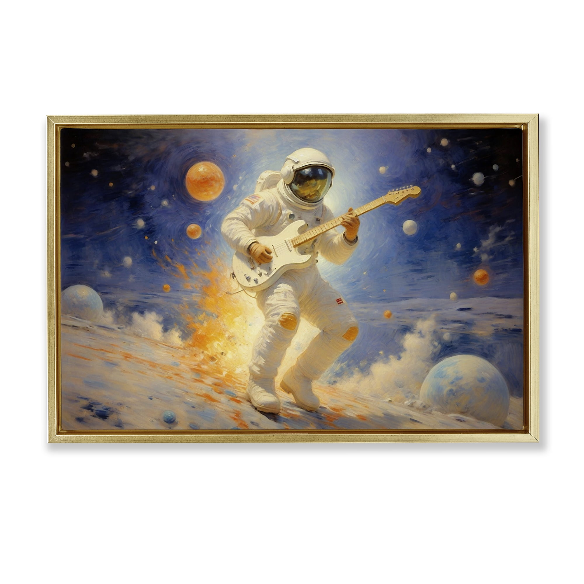 Space Astronaut Musician Gold Framed Floater Canvas Wall Art, design by Angie Hawke
