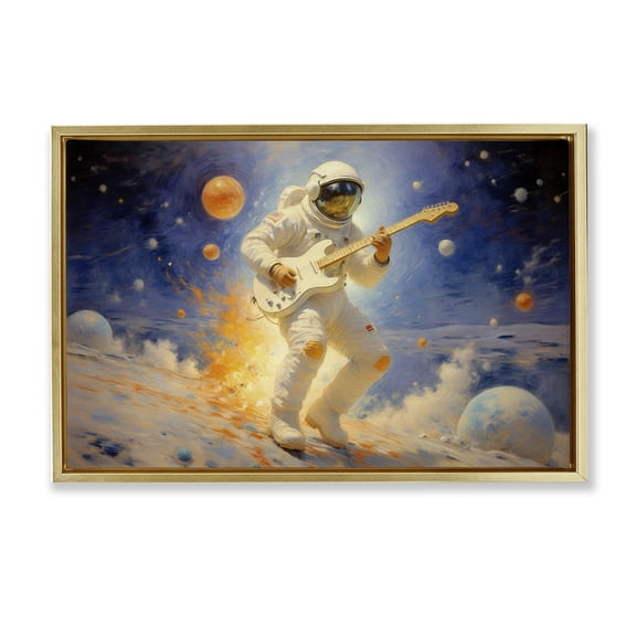 Space Astronaut Musician Gold Framed Floater Canvas Wall Art, design by Angie Hawke