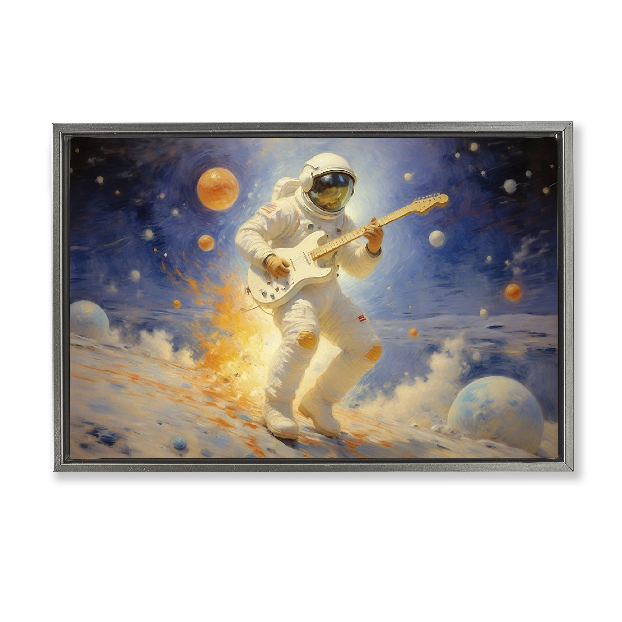 Space Astronaut Musician Gray Framed Floater Canvas Wall Art, design by Angie Hawke