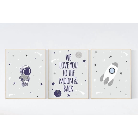 Space Astronaut Nursery Wall Art Prints, Rocket, Moon, Nursery And Gallery Wall Decor