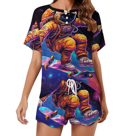 Space Astronaut Pajama Set for Women 2 Piece Sleepwear Loungewear Short Sleeve