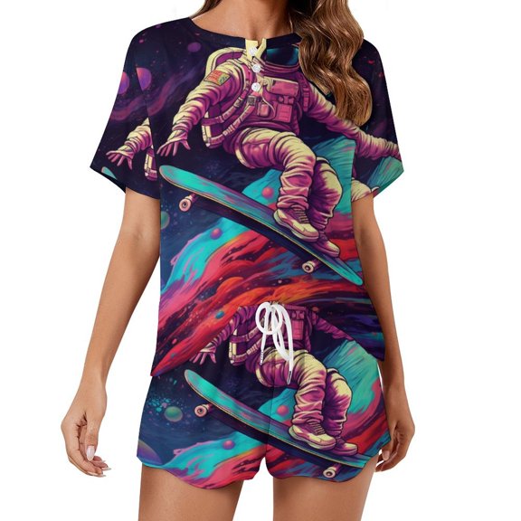 Space Astronaut Print Women'S Pajamas Set Summer Sleepwear Sets 2 Piece Lounge Set