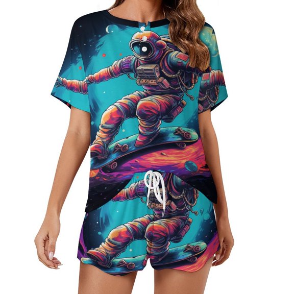 Space Astronaut Print Women'S Pajamas Set Summer Sleepwear Sets 2 Piece Lounge Set
