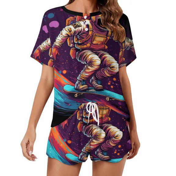 Space Astronaut Print Women'S Pajamas Set Summer Sleepwear Sets 2 Piece Lounge Set