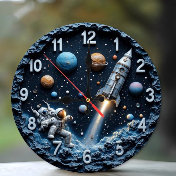 Space Astronaut Rocket Clock Wall Decor 10-Inch Silent Wooden Wall Clock, Battery Operated (AA Batteries Not Included), Artistic Home Decor