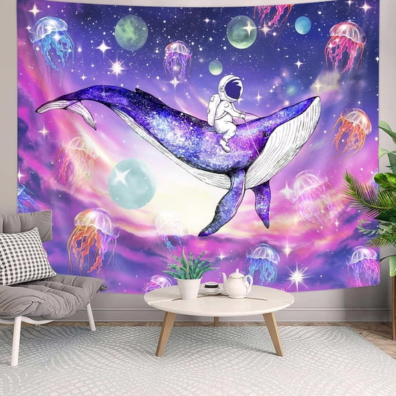 Space Astronaut Whale Jellyfish Tapestry, Funny Galaxy Planet Starry Sky Clouds Adventure Space Decor Tapestry, Fantastic Dream Kids Wall Hanging Art Poster for Bedroom Living Room Dorm, 60X40IN