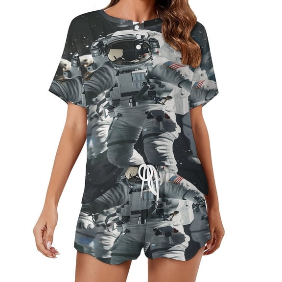 Space Astronaut Women's Ruffle Short Sleeve Tops And Shorts Cute Peeps Bunny Pajamas Sets