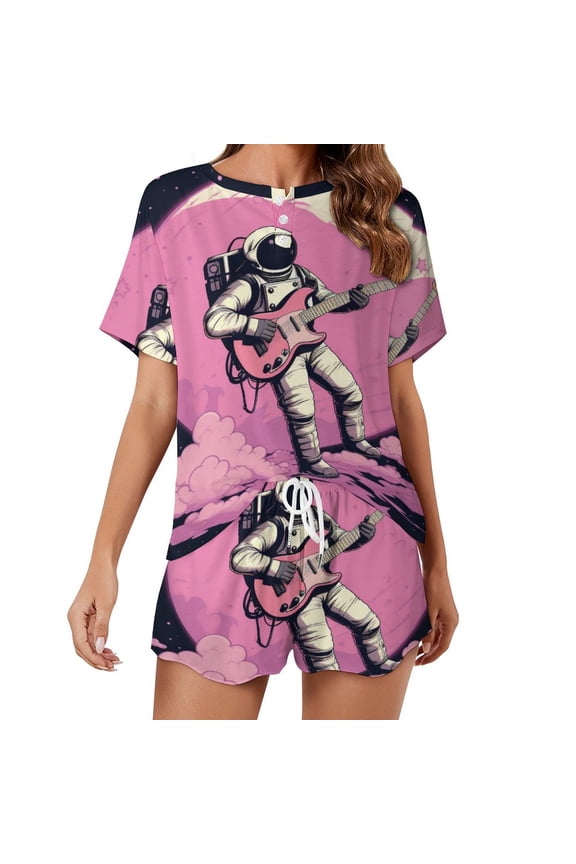 Space Astronaut Women's Ruffle Short Sleeve Tops And Shorts Cute Peeps Bunny Pajamas Sets