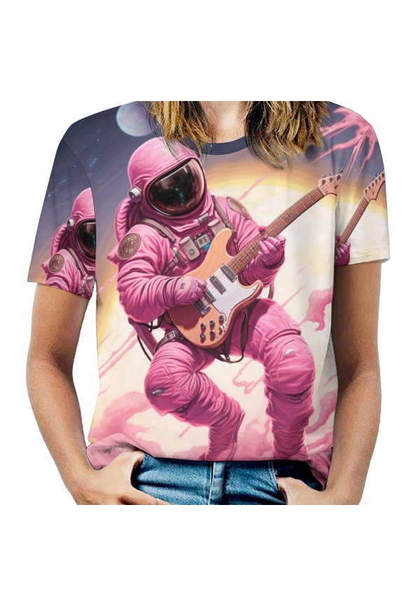 Space Astronaut Women's Short Sleeve T-Shirt Crew Neck Casual Summer Trendy Loose Fit Tops