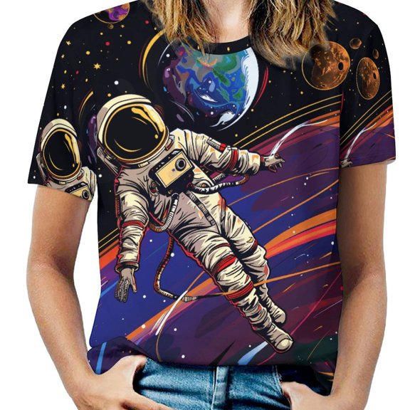 Space Astronaut Women's Short Sleeve T-Shirt Crew Neck Casual Summer Trendy Loose Fit Tops