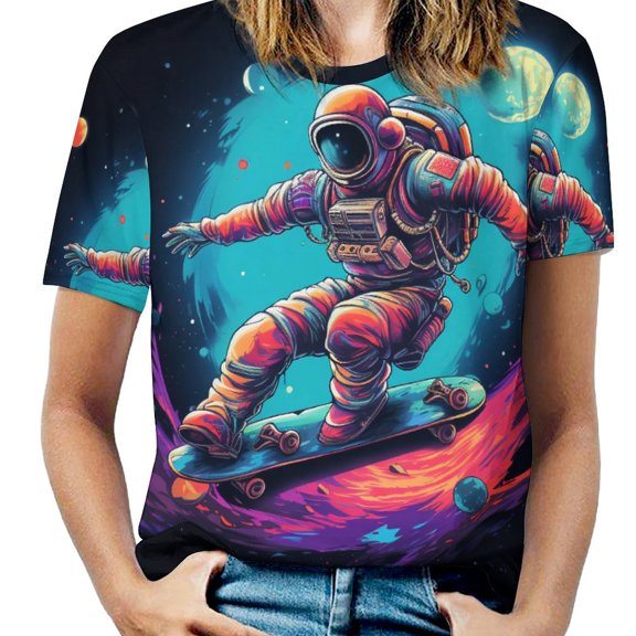 Space Astronaut Womens Tops Women's Fashion Casual Short Sleeve Flower Print Round Neck Pullover Top Blouse