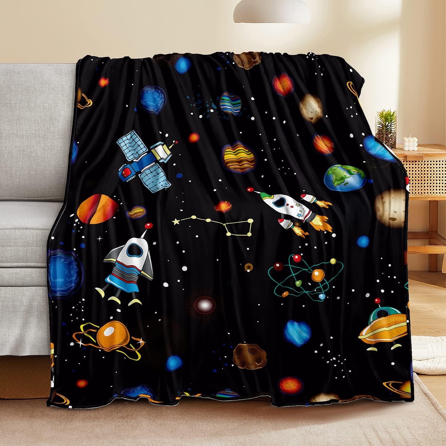 Outer Space Galaxy Fleece Blanket For Kids - Solar System Constellation Pattern Soft Throw