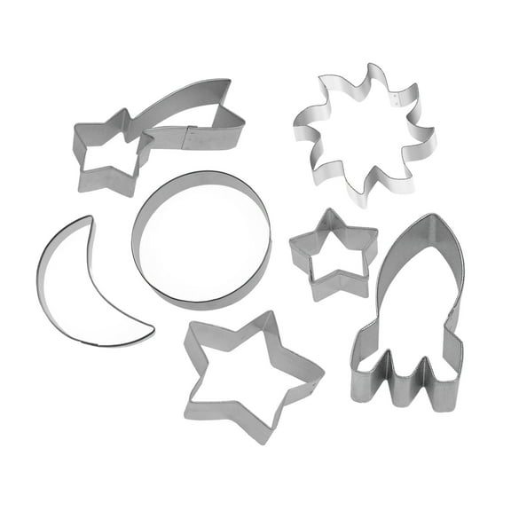 Space Astronomy 7 Piece Cookie Cutter Set - Planet, Half Moon, Star, Sun Burst, Space Ship Rocket Cookie Cutters - The Cookie Cutter Shop - Tin Plate Steel