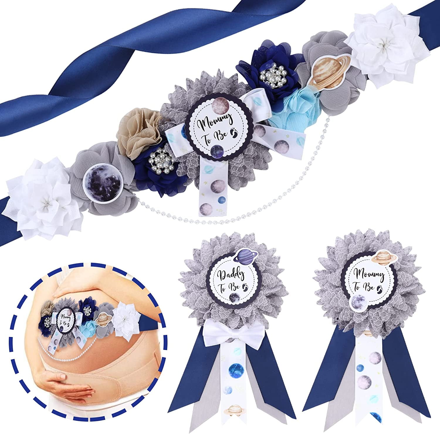 Space Baby Shower Sash, Mom to Be Maternity Flower Belly Belt with