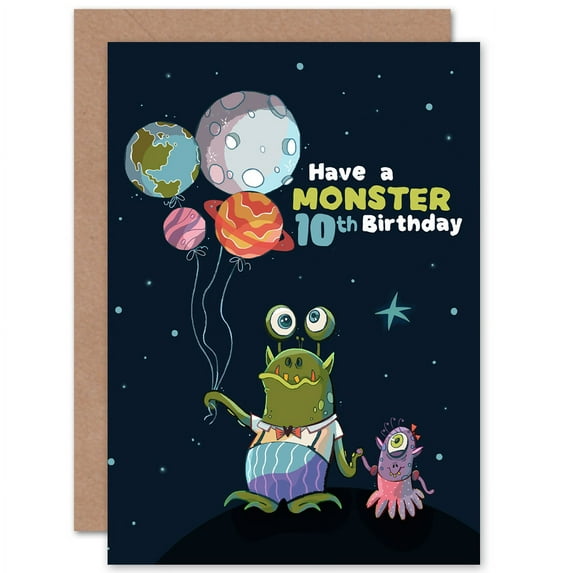 Space Balloon Monster 10th Birthday Greetings Card Plus Envelope Blank inside