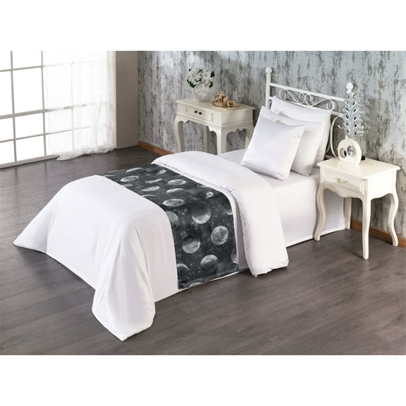 Space Bed Runner, Night Theme Realistic Looking Moon Sketch Pattern With Starry Dark Back, Decorative Accent Bedding Scarf for Hotels Homes & Guest Rooms, Twin, Charcoal Grey and Ivory, by Ambesonne