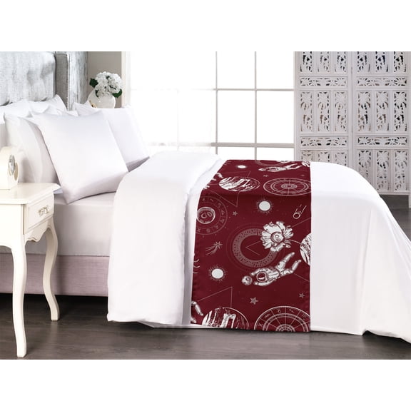 Space Bed Runner, Outer Space Inspired Astronaut and Moon Sketch Pattern With Zodiac Sign Chart Art, Decorative Accent Bedding Scarf for Hotels Homes & Guest Rooms, King, Ruby Eggshell, by Ambesonne