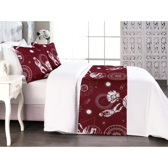 Space Bed Runner Set, Outer Space Inspired Astronaut and Moon Sketch Pattern With Zodiac Sign Chart Art, Decorative Bedding Scarf & 2 Pillow Shams for Hotels Homes, King, Ruby Eggshell, by Ambesonne