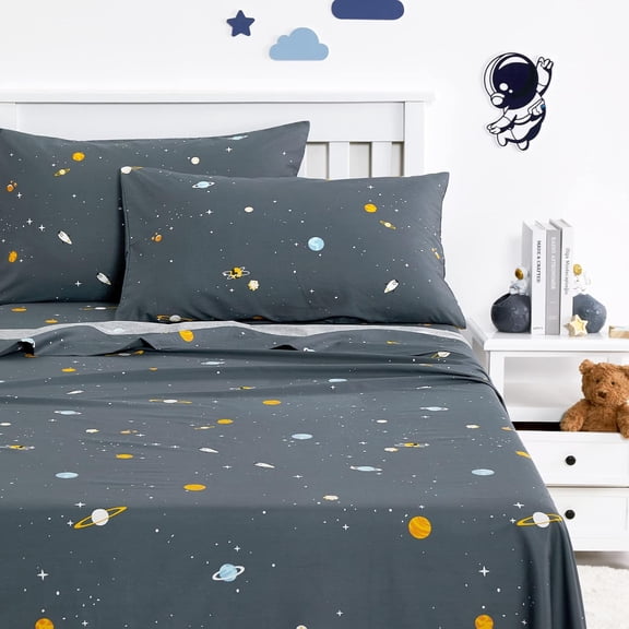 - Space Bed Sheets for Boys, 100% Cotton, 4-Piece Sheet Set Kids, Galaxy Celestial Stars Rockets Planets Pattern Printed Bedding, Deep Pocket, Gray, Twin Size
