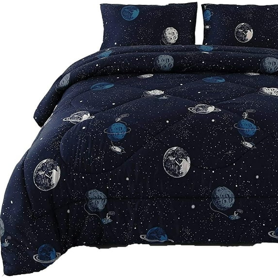 Space Bedding Comforter Set Twin Size for College Boy, 3 Pieces Twin/Twin XL Galaxy Summer Bedding, Lightweight Soft Microfiber Universe Blanket, Dark Blue Comforter for Kid
