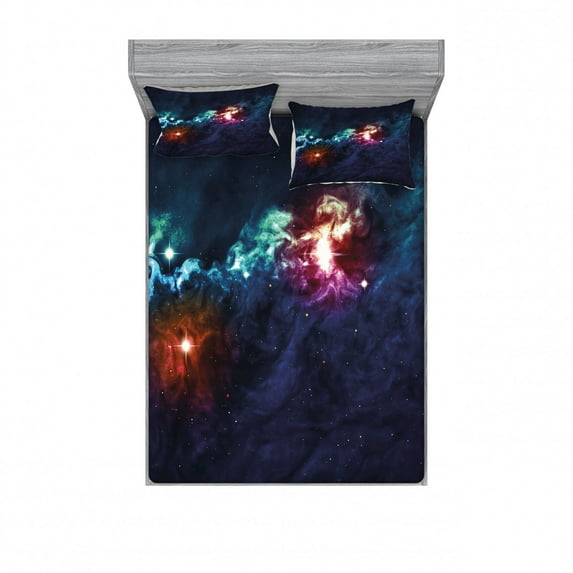 Space Bedding Set with Sheet & Covers, Galactic Image on Milky Way with Colorful Alluring Cosmos Display Artwork Print, Printed Bedroom Decor 2 Shams, 4 Sizes, Magenta Blue, by Ambesonne