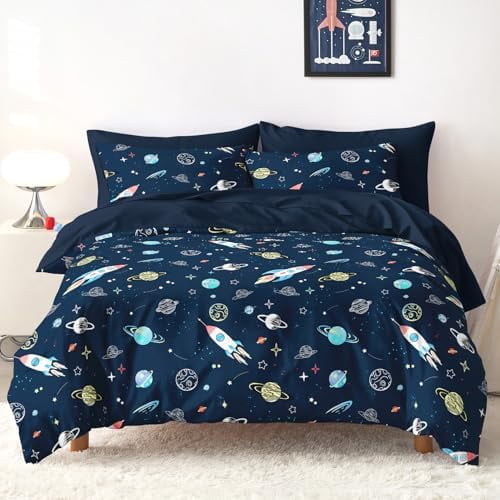 - Space Bedding Set for Boys, Galaxy Rocket Planet Star, Soft Lightweight Comforter Set with Sheets, 5 Pieces Kids Bed in a Bag, Navy Blue, Twin Size