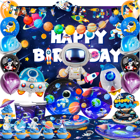 Space Birthday Party Decorations,Space Birthday Decorations&Outer Space Birthday Tableware Set- Outer Space Birthday Party Plates Tablecloth Backdrop Balloon etc Space Themed Party Decorations