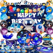 Space Birthday Party Decorations,132pcs Space Birthday Decorations&Outer Space Birthday Tableware Set- Outer Space Birthday Party Plates Tablecloth Backdrop Balloon etc Space Themed Party Decorations