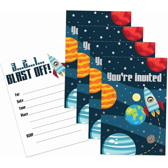 Space Birthday Party Invites For Boys and Girls - 20 Count of 4 x 6 Inch Double Sided Fill-In Invitations With Wet To Seal Envelopes