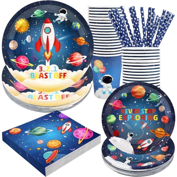 Space Birthday Party Supplies Decorations, Outer Space Theme Paper Plates and Napkins Set for 24 Guests, 120 Pcs Disposable Galaxy Party Dessert Dinnerware