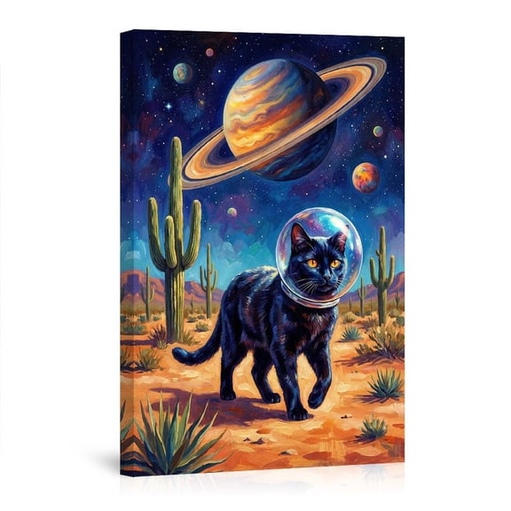 Space Black Cat In Desert With Saturn Vibrant Sci-Fi Playful Modern For Bedroom Home Canvas