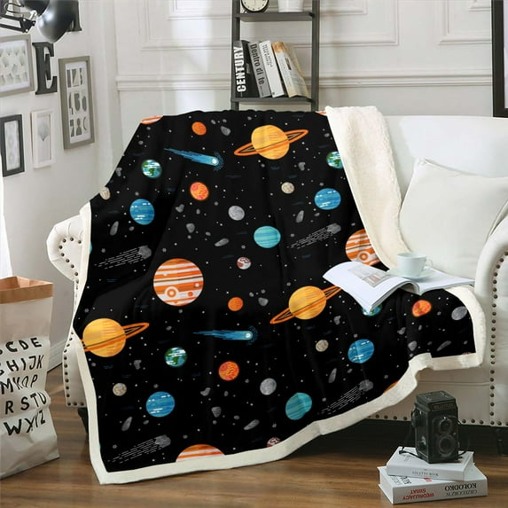 Space Blanket Galaxy Throw Blanket Universe Themed Fleece Blanket, Outer Space Fuzzy Blanket for Teens Universe Space Planet Print Sherpa Blanket Solar System Bedroom Decor 90鈥渪90"