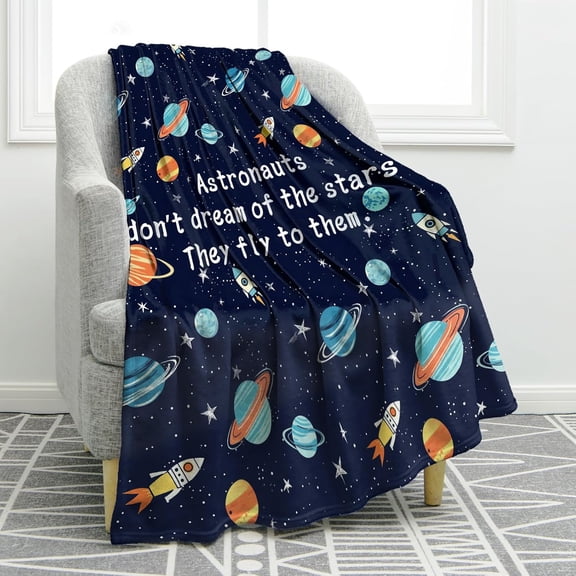 Space Blanket Gifts for Boys Son Brother Birthday Christmas Inspirational Astronauts Planets Rockets Print Present Decor for Astronomy Lovers Home Sofa Couch Adults Kids Soft Cozy Throw 50"x60"