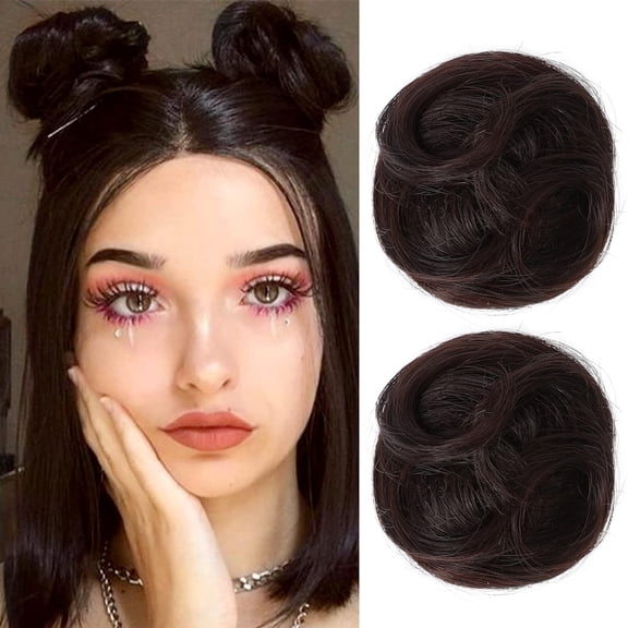 Space Bun Hair Pieces, 2 PCS Mini Claw Clip in Messy & Cat Ears Fake Hair Bun Extensions HB001 Wig Accessory Updo Hairpieces for Women Girls (Pack of 2-3.5" Wavy, Black Brown)