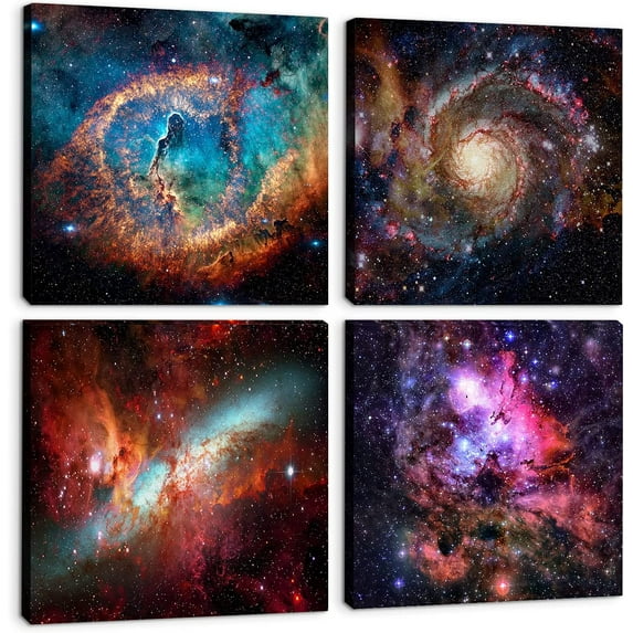 Space Canvas Wall Art Galaxy Futuristic Decor for Living Room Outer Space Room Nebula Pictures Boys Bedroom Marvel Painting Cosmic Poster Artwork Nursery Teen Kids Bathroom Home Decoration 16x16" 4Pcs