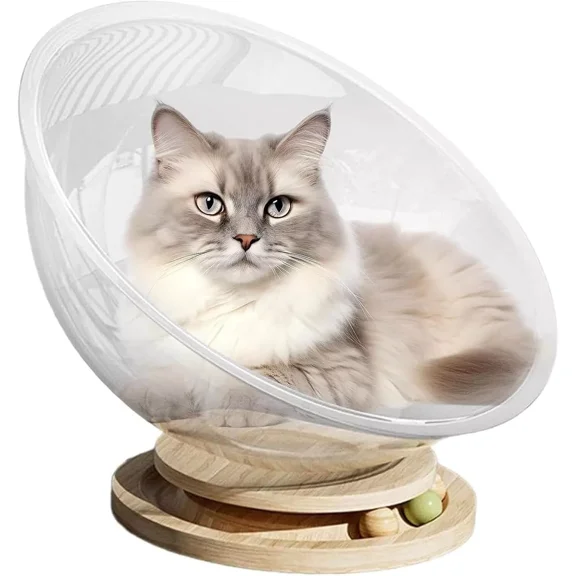 Space Capsule Cat Bed Small Pets Bed Toy Solid Wood Stand Stable All Seasons Kitten Nest Transparnt Cat House for Kitten Cats, L