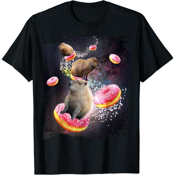 Space Capybara Riding Donut Galaxy Theme Unisex T-Shirt for Men Women Kids Toddler,Black Color,Size 5XL