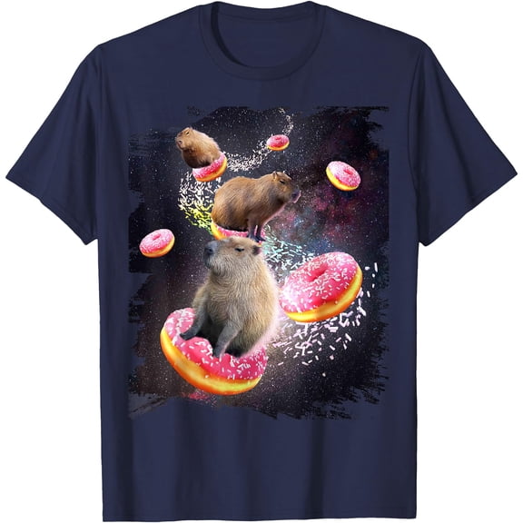 Space Capybara Riding Donut Galaxy Theme Unisex T-Shirt for Men Women Kids Toddler,Navy Color,Size YS