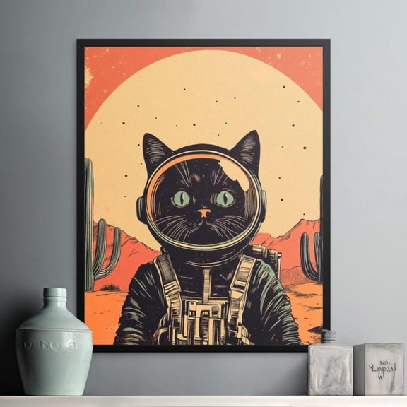 Space Cat Astronaut Retro Desert Cosmic Kitty Whimsical Decoration, Unframed Poster