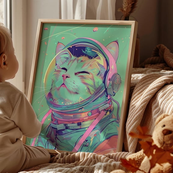Space Cat Astronaut Wall Art Green Gradient Nursery Decor, Unframed Canvas Size 16x24