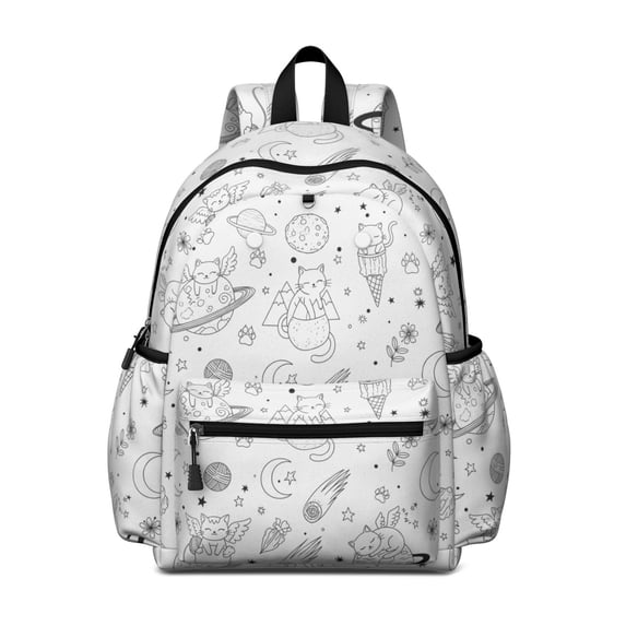 Space Cat Coloring Page White Pattern Backpack for School, Cute School Bag with Adjustable Shoulder Straps and Padded Back, 13.4"x11"x4.7"