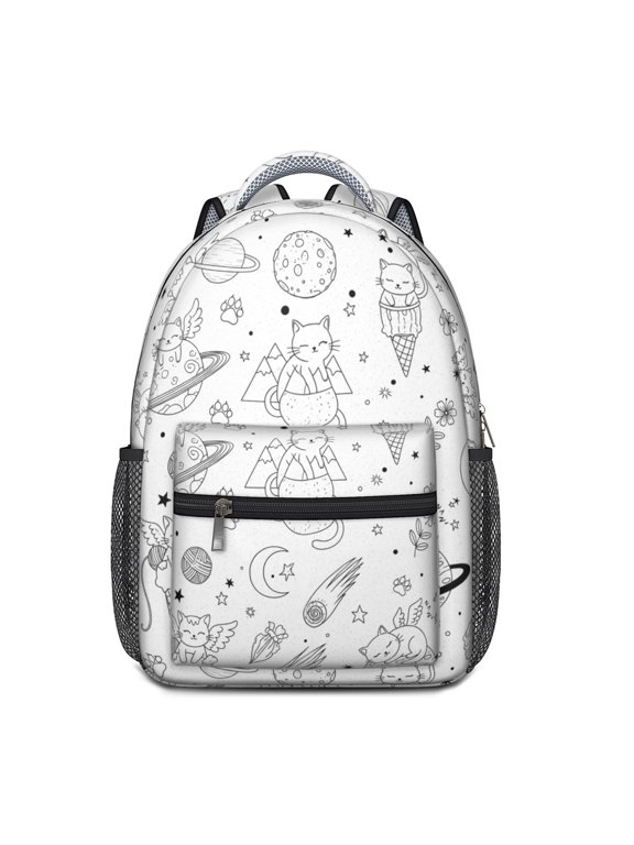 Space Cat Coloring Page White Pattern Backpack for School, Cute School Bag with Adjustable Shoulder Straps and Padded Back, 15.3"x11"x6.7"