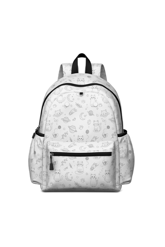 Space Cat Coloring Page White Pattern Cute School Backpack with Padded Back and Adjustable Shoulder Straps 13.4"x11"x4.7"