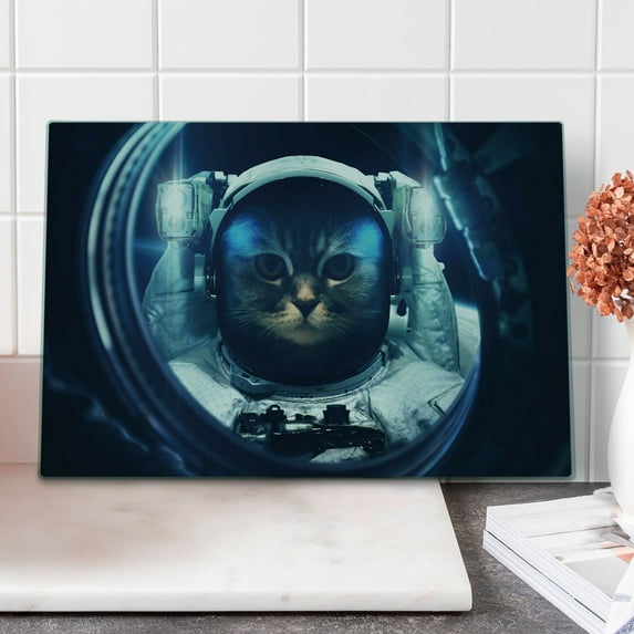 Space Cat Cutting Board, Kitty in Space Suit Loking from Rocket in Galactic Space Orbit Art, Decorative Tempered Glass Cutting and Serving Board, Large Size, Dark Blue and White, by Ambesonne