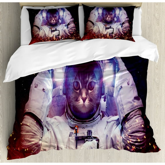 Space Cat Duvet Cover Set, Astronaut Cat in Suit Outer Space Nebula Galaxy Cosmos Image, Decorative 3 Piece Bedding Set with 2 Pillow Shams, Calking Size, Dark Blue Purple, by Ambesonne