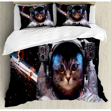 Space Cat Duvet Cover Set, Cosmonaut in Comet Galaxy Clusters in Outer Space Cosmos Art Print, Decorative 3 Piece Bedding Set with 2 Pillow Shams, Calking Size, Dark Blue White, by Ambesonne